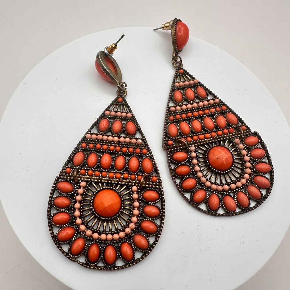 Vintage 90s Gold Tone Orange Beaded Teardrop Dangle Earrings